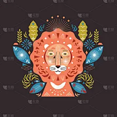 狮子程式化的插图。问候卡或请帖。横幅，海报，传单模板。生日贺卡。平面装饰设计，封面设计