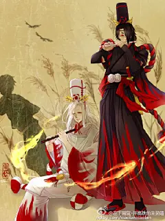 #网易阴阳师手游# #鬼使黑白# 虫儿飞，花儿睡，一双又一对才美，新的一年啦，祝各位小伙伴身体健康心想事成，都能抽到ssr都能拿到六星速度六星暴击（然而我一个都没有嘤嘤嘤），12月初开始画，这个图我真的画了一个月……其实我最满意的是两人的笛子，以及小黑前面的那团火（两张局部为桌面尺寸）