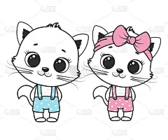 给一个女孩和一个男孩收集的可爱的卡通猫。轮廓图。