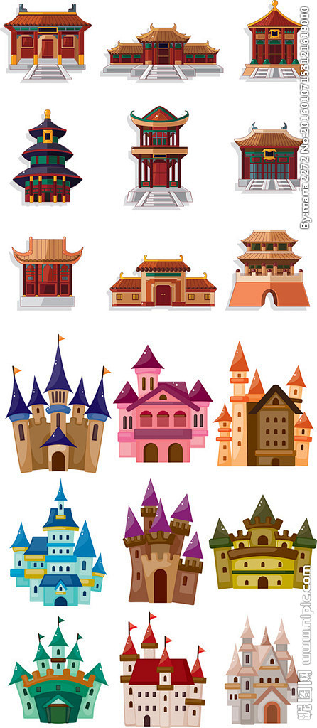 卡通风格中国古典建筑及欧式城堡