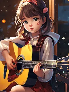 动漫风弹吉他的女孩AI数字艺术