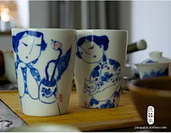 匠器家 青花仕女手杯手绘陶瓷杯子礼品 景德镇马克杯手工手杯茶杯-淘宝网