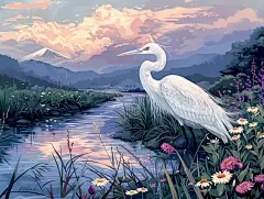 简约唯美白鹭插画素材图AI图