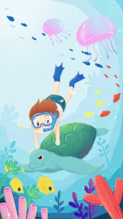 蓝色简约高端海洋动物人物卡通插画