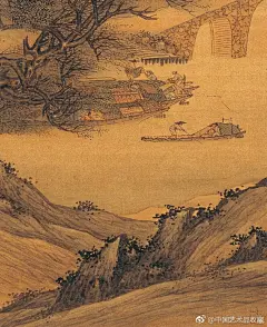                                                                                                                         #金陵八家#【 清 樊圻 《江干风雨图》 】立轴，绢本设色，174.1×99.2cm，上海博物馆藏。 此图作于康熙十五年（1676年），作者时年61岁。绘江岸山峦层叠，树木繁茂，随风招展，山麓下树丛间，屋舍庭院错列，江水荡波，渔船往来，道上行人马匹，神形俱足，别有风致，