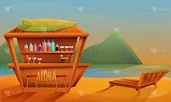 卡通海滩酒吧在日落，矢量插图