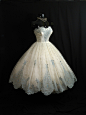 Vintage 1950's 50s Bombshell STRAPLESS Ivory Blue Flocked Floral Chiffon Organza Party Prom Wedding DRESS. $449.99, via Etsy.