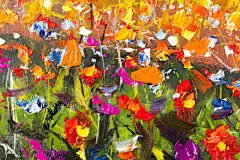 独创的手工抽象油画鲜艳的花朵制成调色刀。红色, 黄色, 蓝色, 紫色抽象花。宏厚绘画.