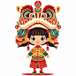 一个传统的中国古代小女孩，穿着旗袍和狮子帽子在她的头上，有一