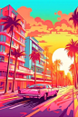 Vector illustration of a miami beach in a vibrant 1980s retro synthwave style, watercolor masterpiece