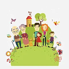 卡通人物全家福绿色背景矢矢量图免抠素材_新图网 https://ixintu.com 全家福 卡通人物 绿色背景 矢量图