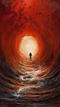 a painting depicting a red wave outside, in the style of jon foster, illusion of depth, dima dmitriev, fisheye effects, trapped emotions depicted, full body, ray collins