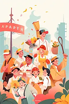 扁平风工人肖像彩色劳动节插画
