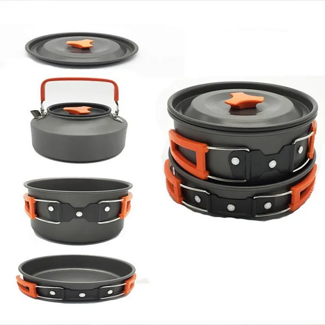 其中包括图片：Temu｜Camping Cookware Kit, Aluminum Teapot, Pan, Pot And Lid Set ...