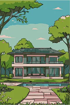 矢量手绘卡通别墅插画