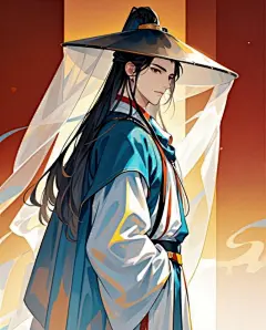 国风插画男子长发披肩垂直连帽长袍