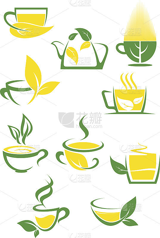 带有轮廓的茶杯和茶壶的绿茶图标