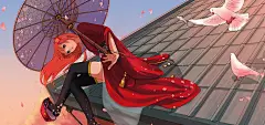 漂亮美少女，女孩，屋顶，伞，花瓣，鸽子，好看动漫女生壁纸
