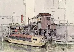 淡彩小镇插画 铅笔淡彩城市街景画 有点色彩的小城铅笔画