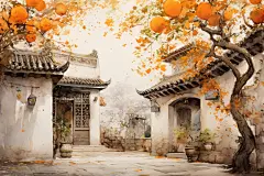 古风中式建筑水墨风秋天秋季自然风景插画