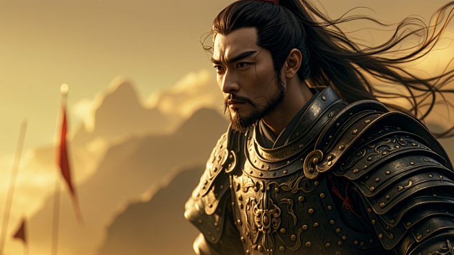 一名穿盔甲中国古代男将军在沙场战斗，侧身，手持长剑，灰头土脸，低饱和度，史诗般的构图，皮肤细节，全身像，超精细，真人写真，电影海报，高清画质