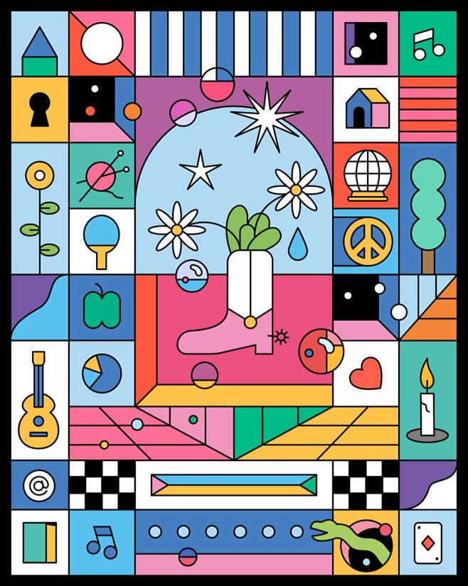 孟菲斯风格插画孟菲斯风格特点x0a1不规则波浪线2高饱和色彩3趣味几何