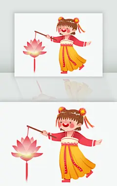 手绘元宵赏花灯女孩