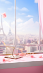 a pink box with flowers in it, white curtains，in the style of grandiose cityscape views, the Eiffel Tower in the city，anime inspired, glass as material, soft and dreamy atmosphere, spectacular backdrops, playful details, spatial concept