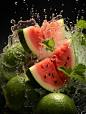Powerful liquid explosion, a whole watermelon, green background, commercial photography, bright environment, studio lighting, OC rendering, super details, solid color isolation platform,, professional photography, color grading