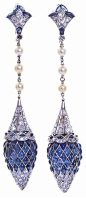 Art Deco Diamond Sapphire Dangle Earrings.   France.            Absolutely magnificent Deco design. Dangling diamond and sapphire inlaid platinum earrings with pearl strands.  Deco styled diamond and sapphire fleur-de-lis top connects to a gorgeous diamon