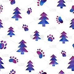 无缝水彩冬季蓝色圣诞树和足迹的白色背景图案。手绘插画设计，庆祝装饰，新年邀请。