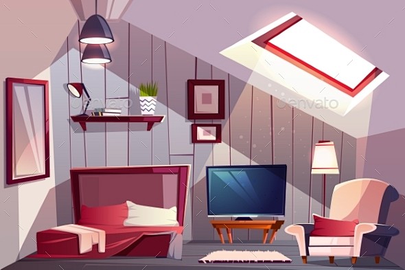 客房在阁楼卡通矢量内部——建筑对象gue.