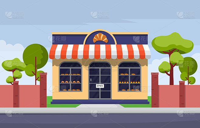 橱窗烘焙店食品店门面街卡通插图