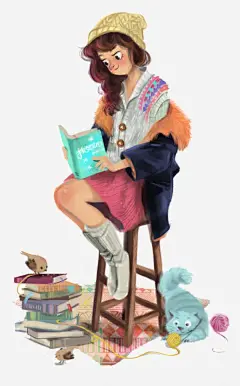 手绘女孩png免抠素材_新图网 https://ixintu.com 书籍,卡通,森系,猫咪,看书