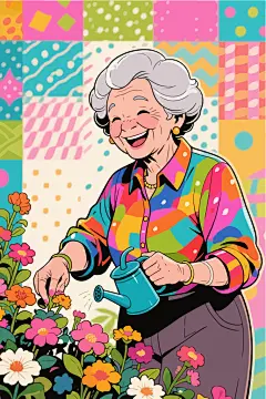 老奶奶在花园浇花插画