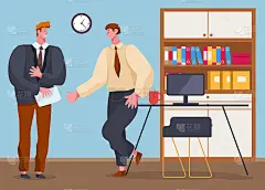 办公室职员男性角色开会，讨论问题。业务人员和同事之间的沟通