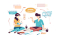 Flat young woman and man employee with notebook, speech bubble for project discussion.