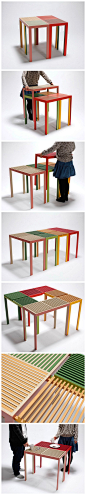 stack and slit 朔日平野
stack and slit 是由一位日本设计学生朔日平野在东京都立大学研究开发的，该项目的名字就是来源于这个桌子自身的特点，它能通过缝隙进行拼合拆分，让一个桌子变成四个单独的桌子。