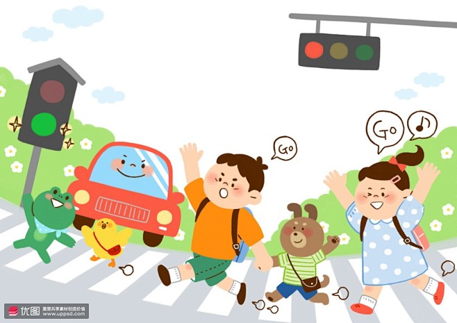 红绿灯人行道孩童动物汽车儿童插画 人物插...