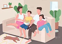 家庭看电视平面彩色矢量插图。有十几岁孩子的父母在沙发上放松。父母与孩子之间的纽带。亲戚2D卡通人物与