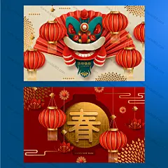 春节气氛灯笼吉祥纹样舞狮燕子荷花新年春节素材13图片海报设计节日海报首页素材