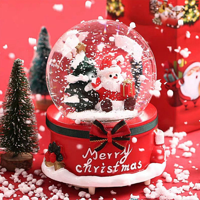 儿童礼物圣诞老人水晶球树脂自动飘雪生日音...
