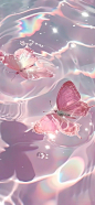 This may contain: two pink butterflies floating on top of water
