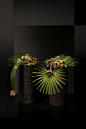 Phapiopedilum orchid, chamaerops leaves and steelgrass on rattan vases - Decor: Ambiance | Armani/Fiori