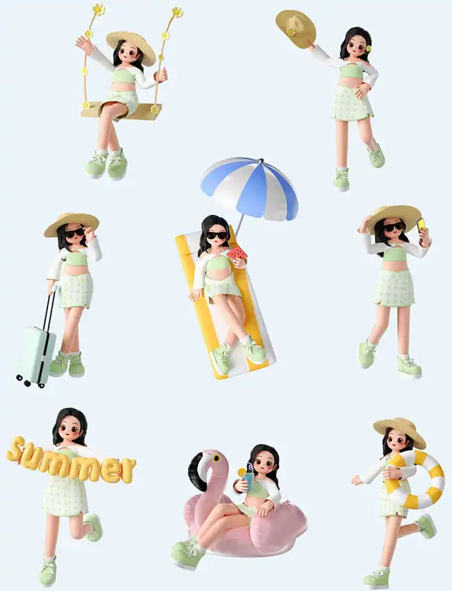 夏天海边沙滩3D立体时尚人物度假形象C4D套图-花瓣网