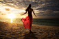 People 4811x3196 women beach sea red dress Sun brunette windy sand