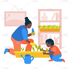 插图妇女园艺在家与她的孩子矢量插图