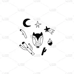 涂鸦猫头鹰。手绘线斯堪的纳维亚风格黑白印花，可爱的斯堪的纳维亚森林动物，儿童t恤和托儿所设计，知识和