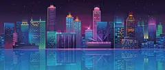 扁平化霓虹渐变城市建筑夜景插画海报AI矢量印刷 EPS设计素材 (24)