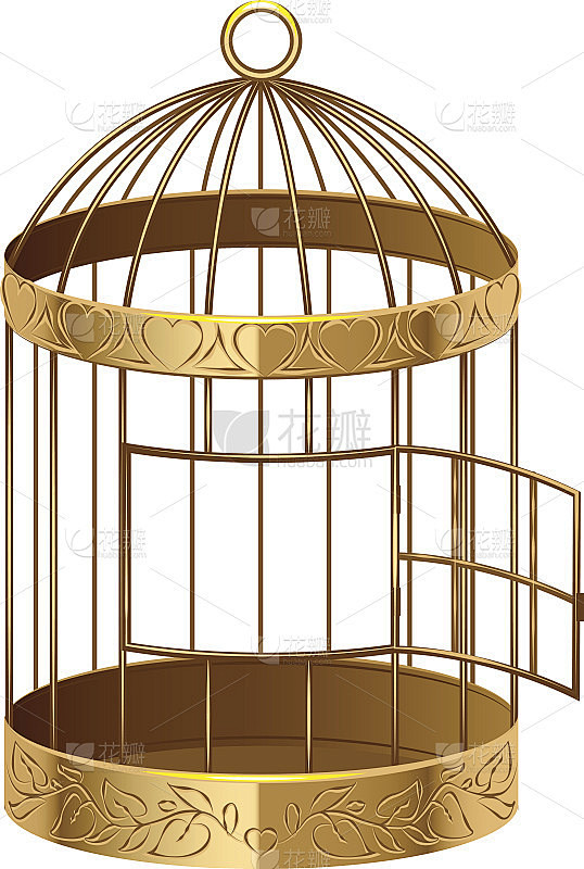 开放黄金鸟笼。一个空鸟笼
